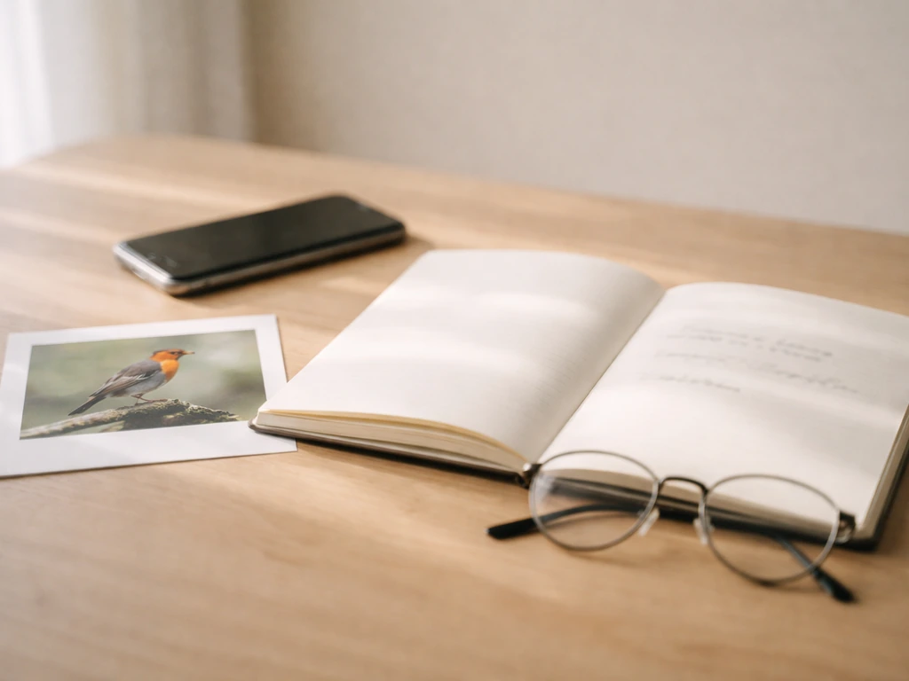 Minimal desk scene with a notebook of bird-themed notes and a small bird photo print for context clues.