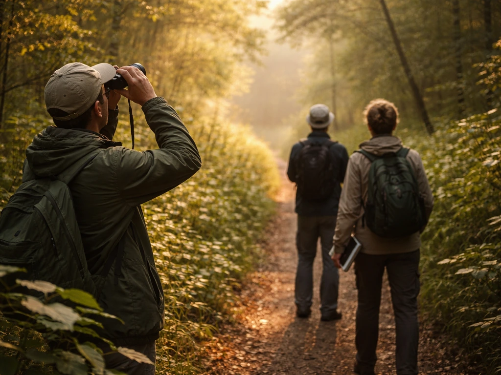Birdwatching group on a quiet trail using binoculars and a field guide to spot birds.