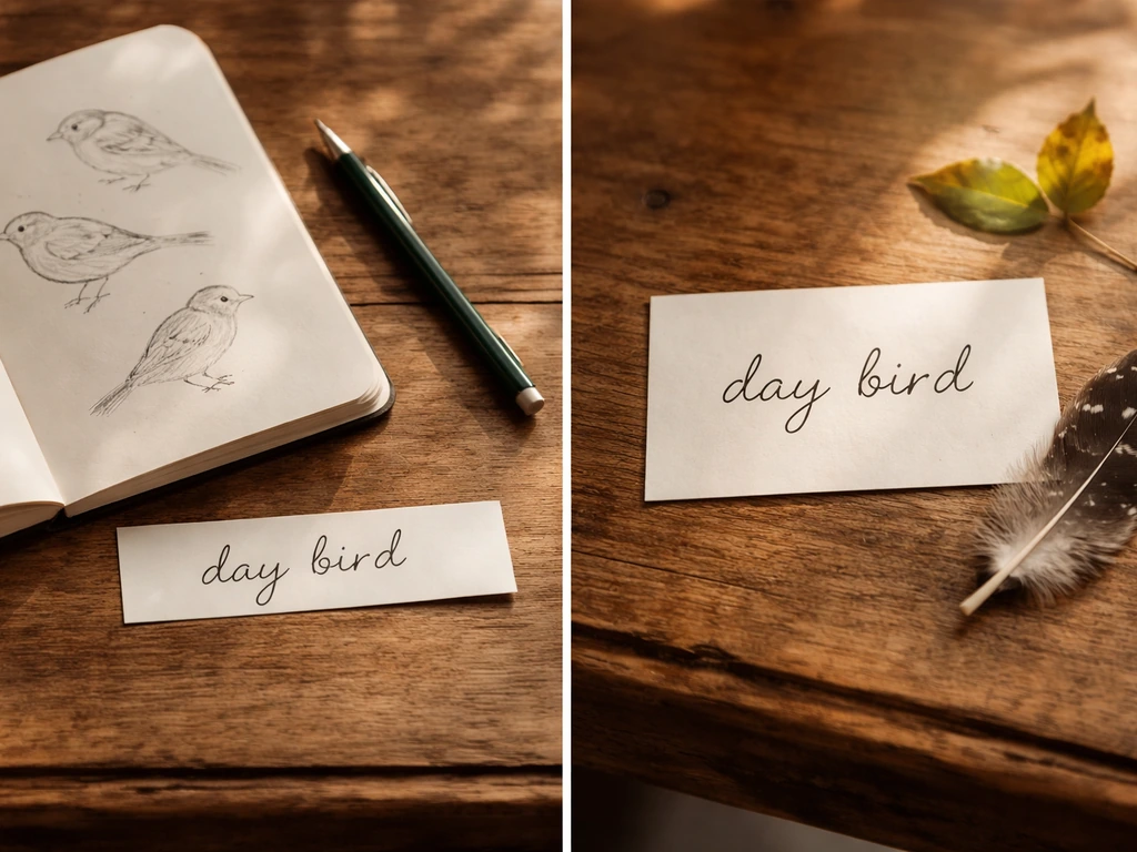 Split image: birdwatch notebook page with “day bird” and a separate card suggesting day vs night owl.