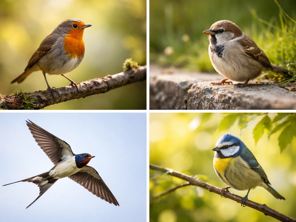 Collage of robin, sparrow, and swallow in daylight settings, highlighting daytime bird associations.
