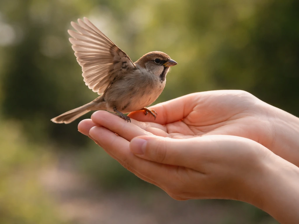 Hand cradles a small bird ready to release, symbolizing capture and timing.