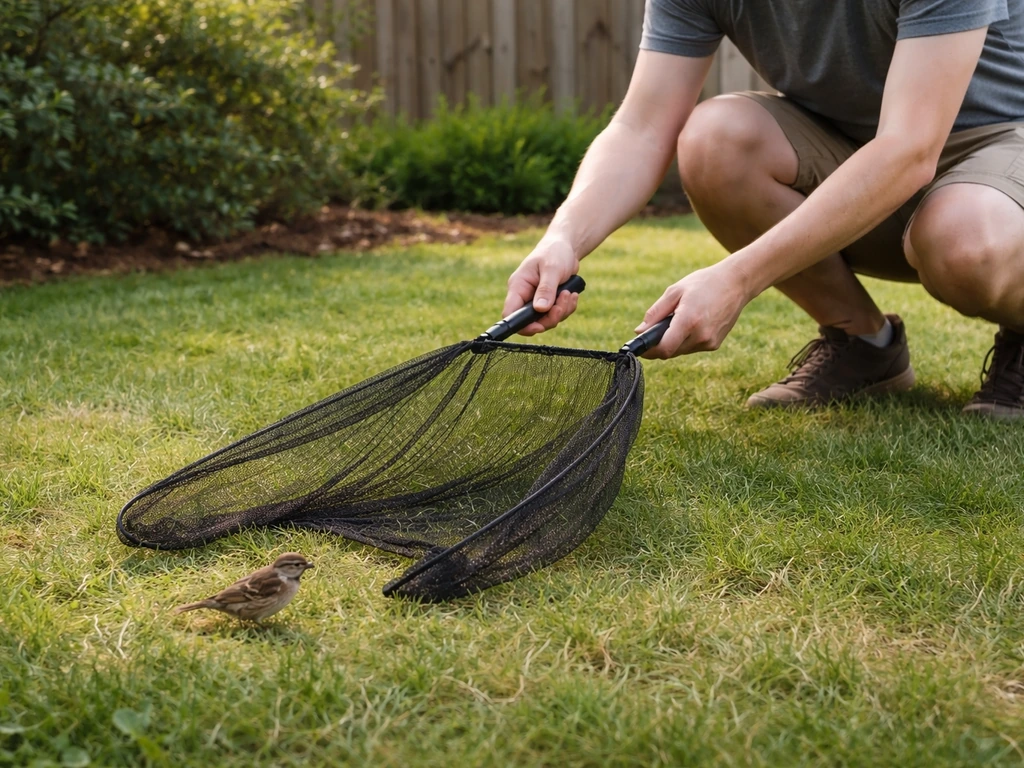 Person in a quiet backyard holding a net near a small bird on the ground