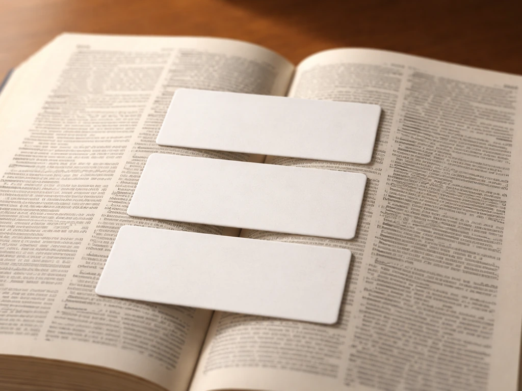 Open dictionary on a wooden desk with three blank tiles arranged like a simple checklist.