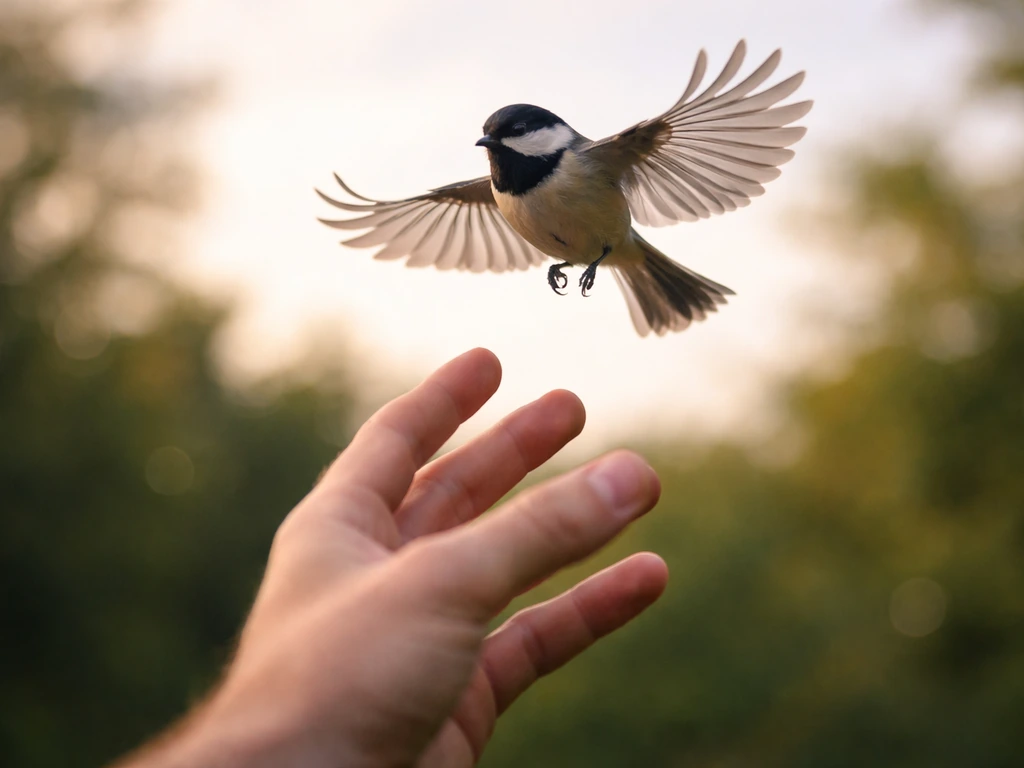 A human hand reaches for a small bird mid-flight, symbolizing timing and elusive freedom.