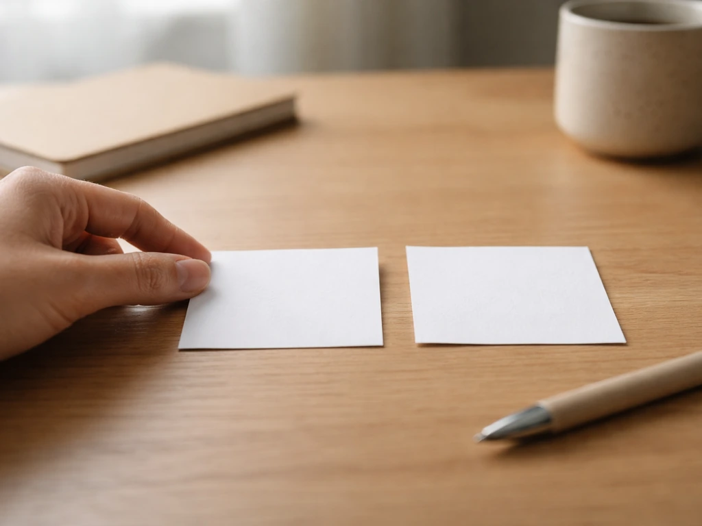 Minimal desk scene with two small blank cards representing literal vs figurative example sentences.