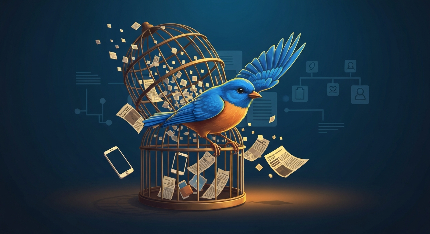 Stylized blue bird bursting free from a dissolving cage, with abstract smartphone and timeline motifs in the background, symbolizing liberation and a social-media context.