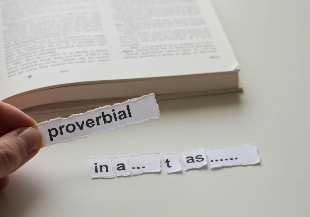 Close-up of torn paper with the word “proverbial” next to fragmented idiom fragments on a table.