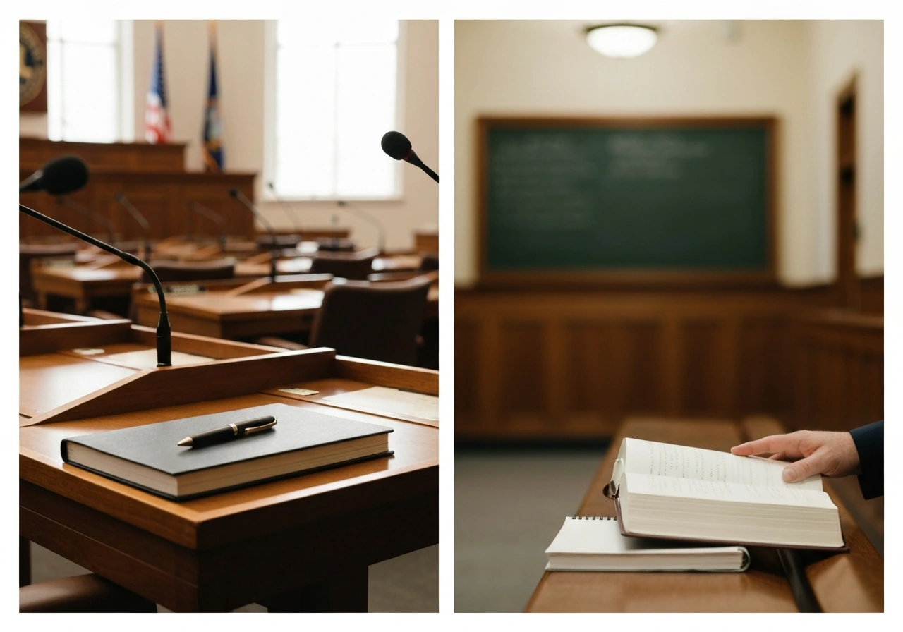 Split-screen: quiet legislative desk and courthouse hallway with open books and microphones, suggesting quoted sayings.