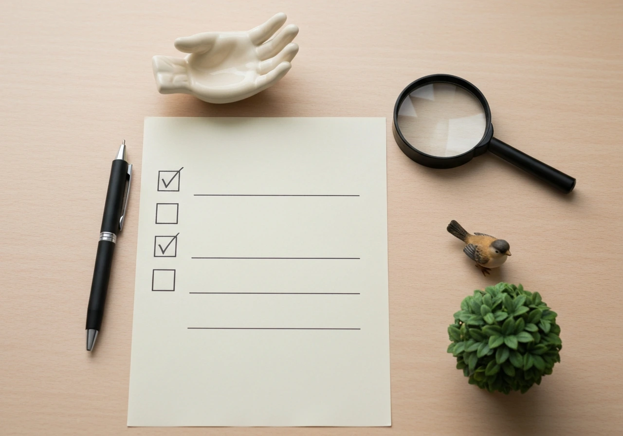 Minimal desk scene with a blank checklist paper, pen, magnifying glass, and small bird-and-bush objects.
