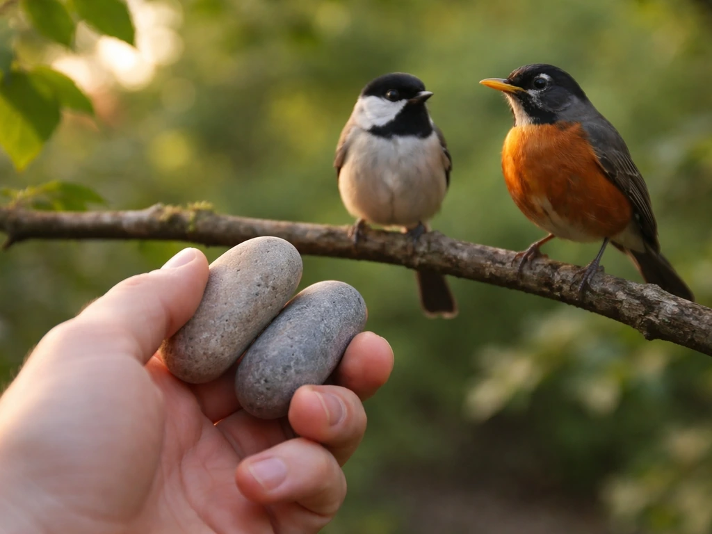 Single hand holding two stones aiming at two small birds on a branch, symbolic idiom scene