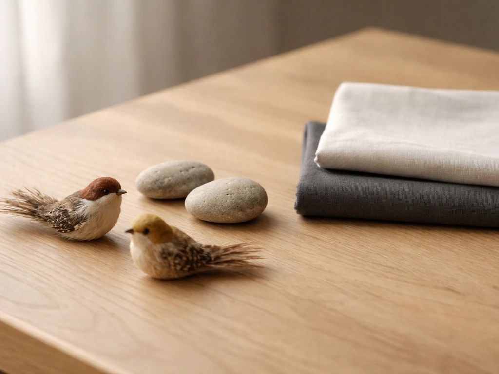 Minimal still-life: two stones on a table with two small bird-like figures, symbolizing two-for-one meaning.