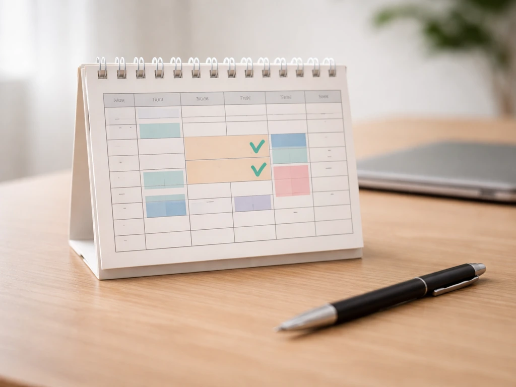 Minimal office desk with a small scheduling board showing two checkmarked tasks completed in one meeting block