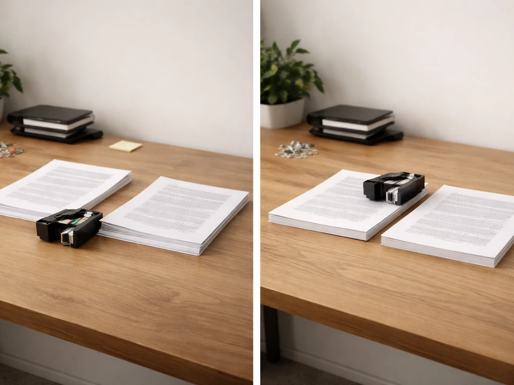 Split-screen desk scene: wasteful setup on the left versus efficient one-resource-two-outcomes setup on the right.