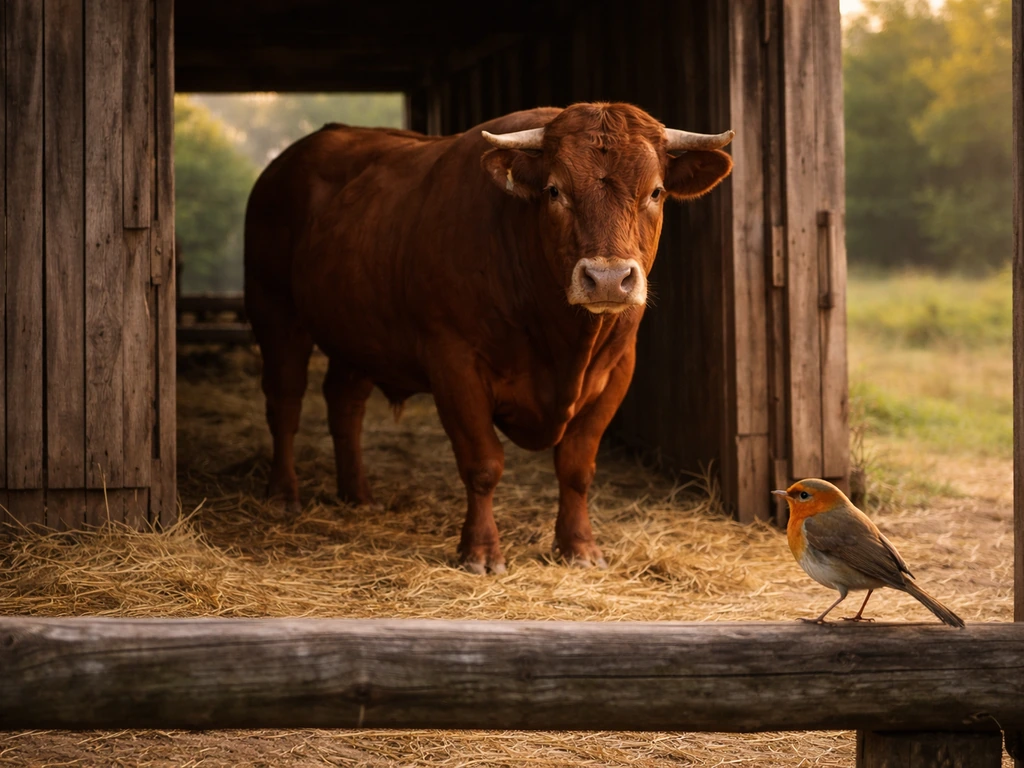 A calm brown bull and a small bird standing in a rustic barnyard, symbolizing playful defiance.