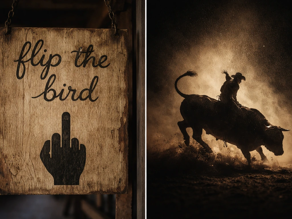 Minimal split image: vintage sign gesture for “flip the bird” on left, bull silhouette on right.