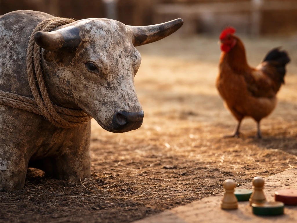 Close-up bull rodeo prop with rope, a barnyard bird nearby, and a few unbranded game pieces on the ground.