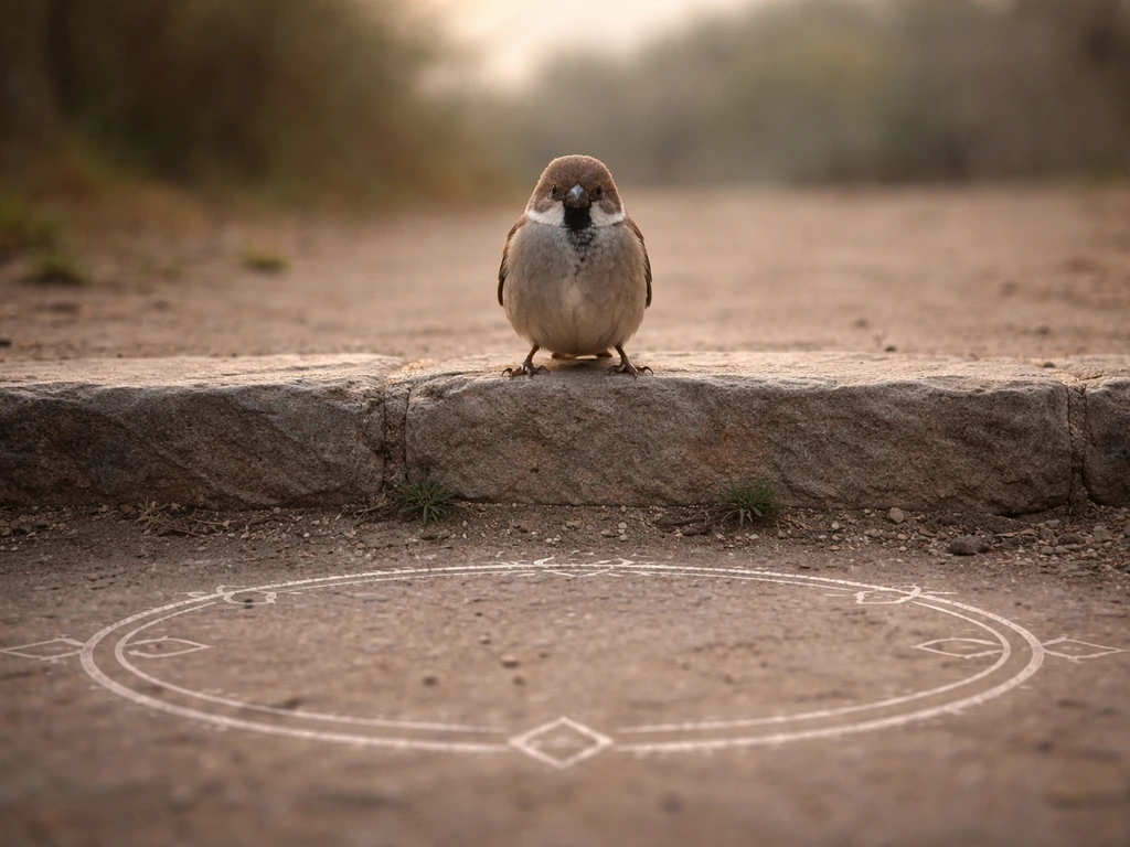A lone bird perched above a boundary-like line, surrounded by subtle protective carved marks.