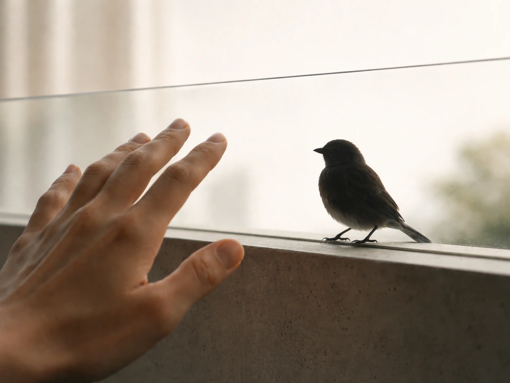Bird silhouette near a clear glass barrier with a hand stopped short, visual metaphor for “untouchable.”