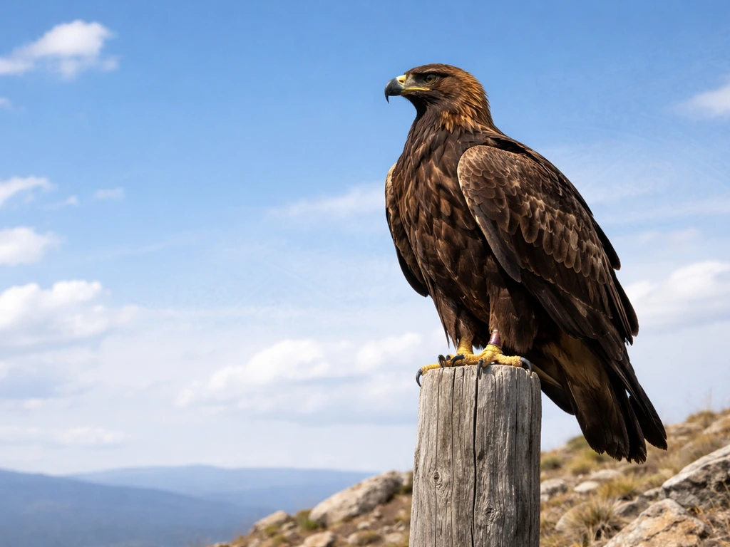 Golden eagle perched on a rocky hill, expansive blue sky with faint abstract patterning in the background haze.