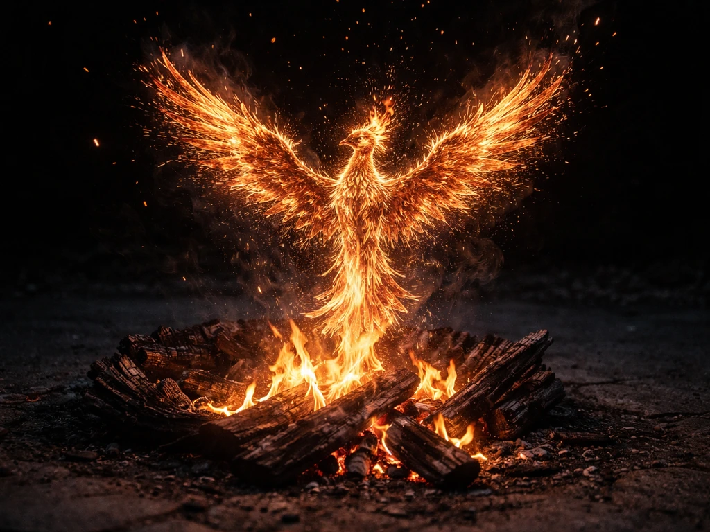 A phoenix made of glowing embers rises from flames, its body suspended as if impossible to grasp.
