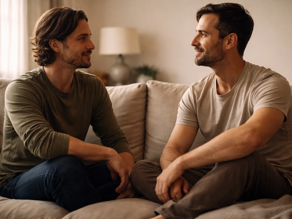 Two partners sit facing each other on a couch in warm light, having a calm, private relationship conversation