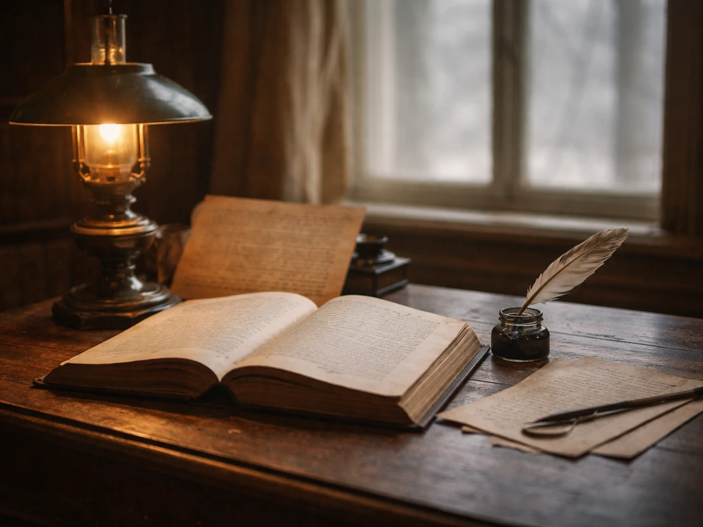 1820s desk with an open book, quill, and ink under warm natural light.