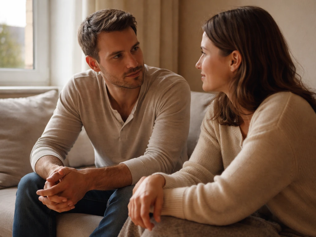 Relaxed couple on a couch at home, one gently starting a respectful conversation in warm evening light.