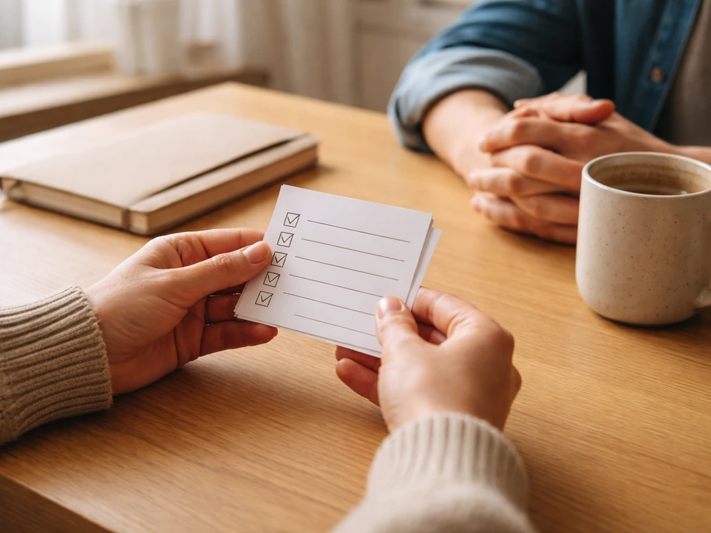 Two hands on a kitchen table with simple checklist cards suggesting a calm, step-by-step relationship talk