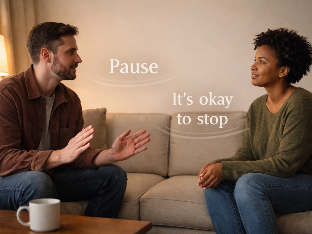Two people in a calm living room pause during an intimate conversation, respecting personal boundaries.
