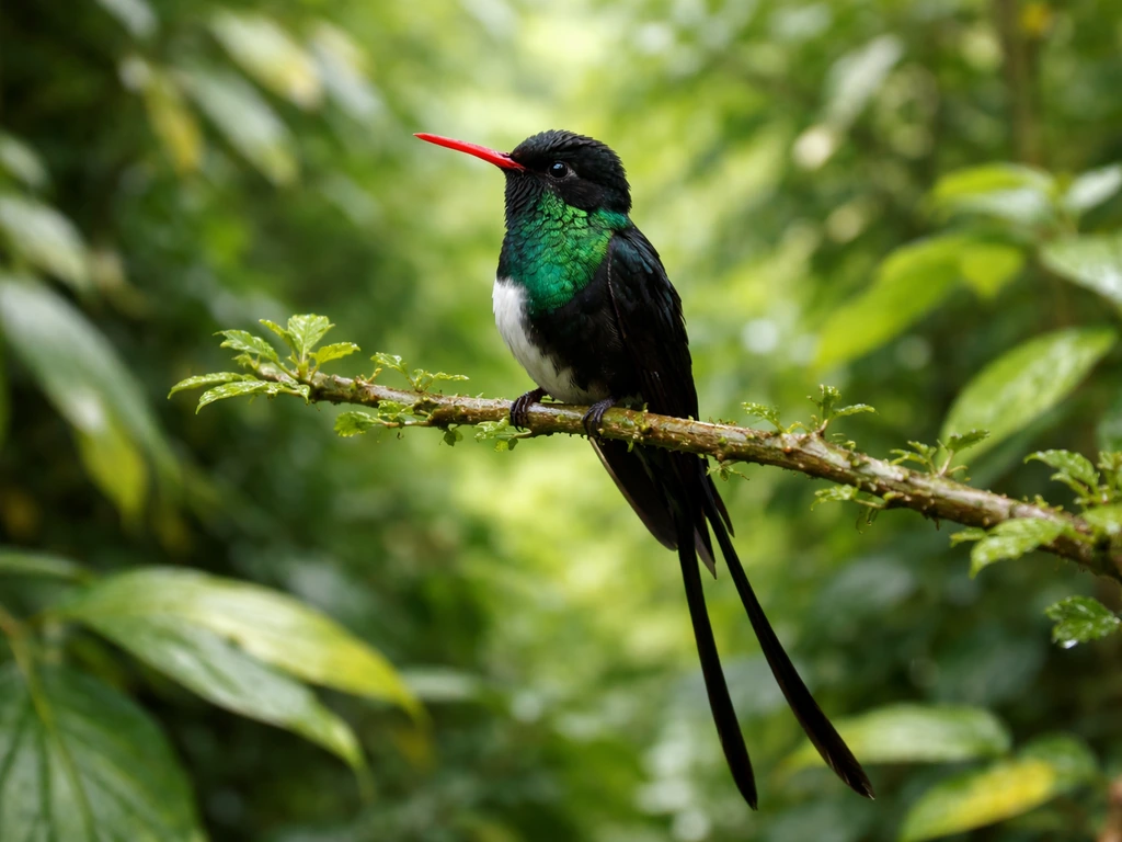 Red-billed streamertail hummingbird perched in lush green Jamaican vegetation, vividly lit in natural light.