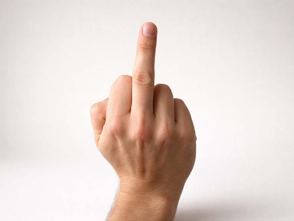 Close-up of a hand making the middle-finger gesture against a plain background, symbolizing contempt.