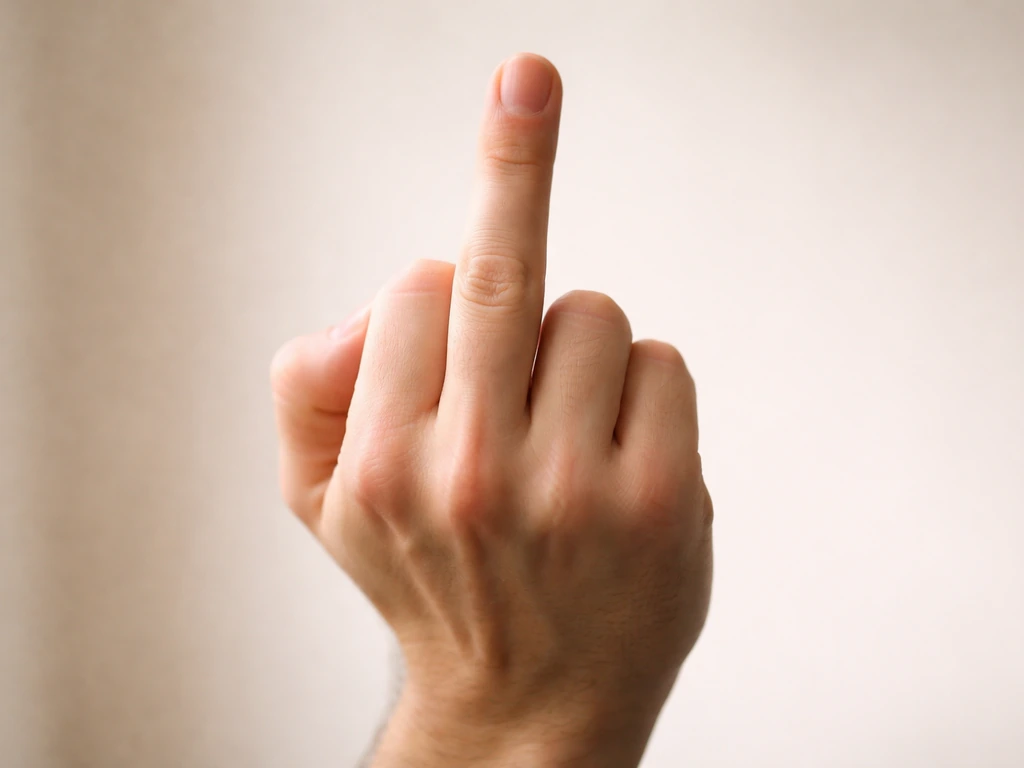 Close-up of a hand making the middle-finger gesture against a plain background.
