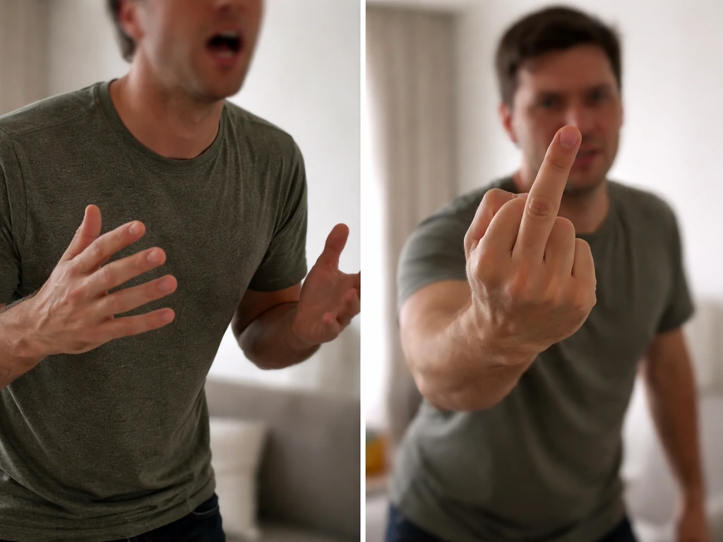 Split scene of an anonymous angry speaker in conversation and, separately, a person making an offensive hand gesture