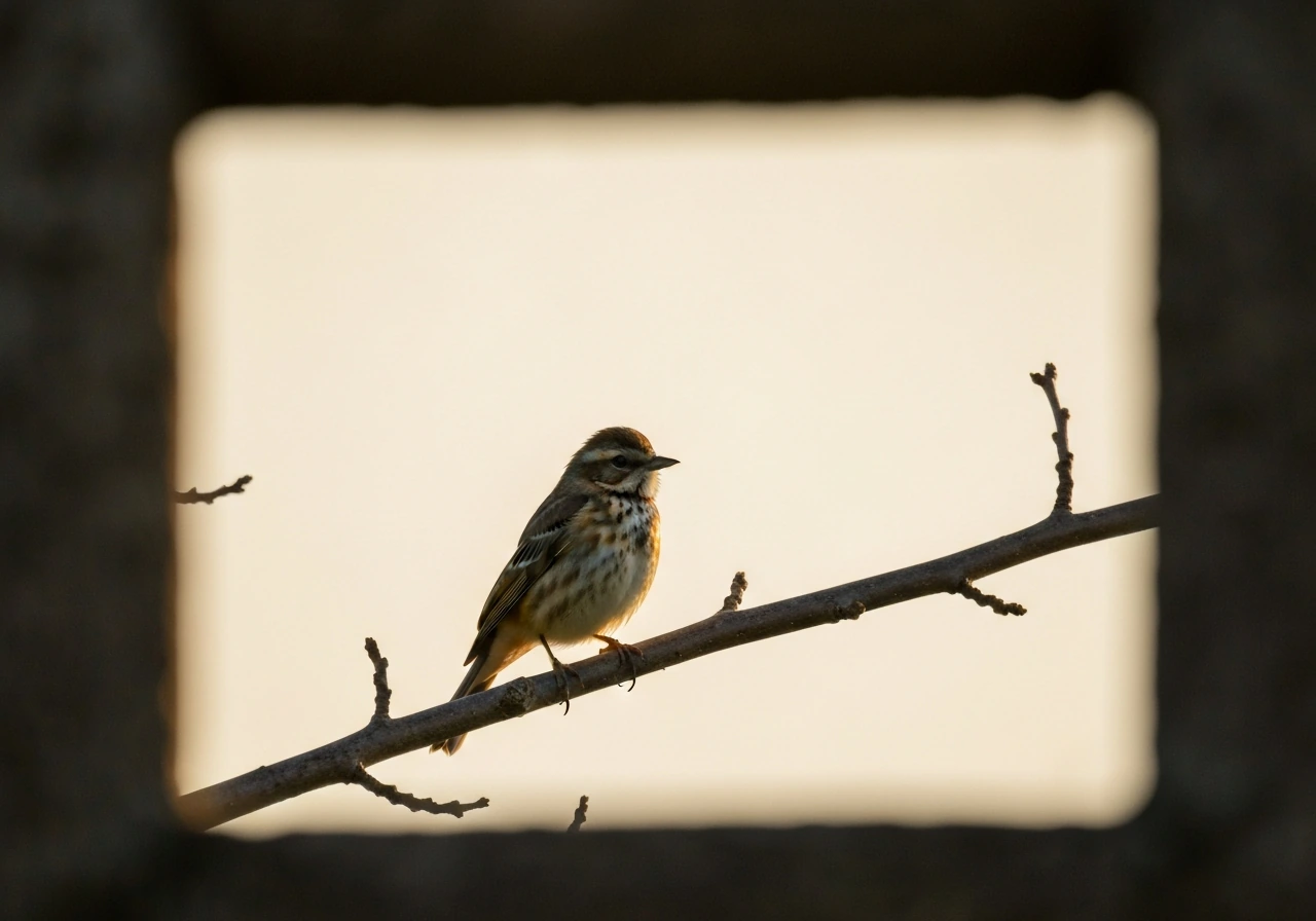 A single bird perched on a branch with soft light and lots of sky negative space.