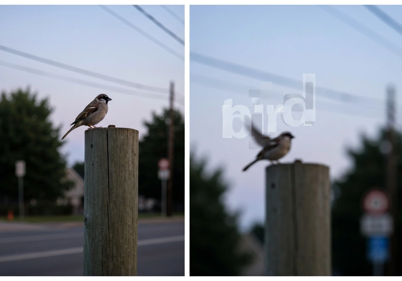A lone sparrow on a street post with a minimal split-panel look suggesting ambiguity of “one bird”.
