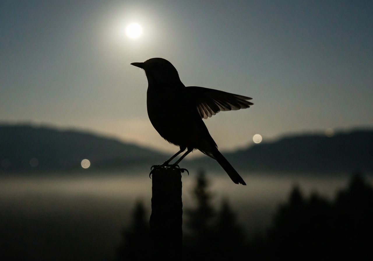 A lone bird silhouette gliding in a dim, surreal night landscape under soft moonlight.