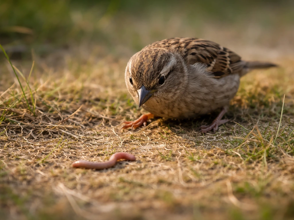 Small bird eyeing a wriggling worm on the ground in soft natural light.