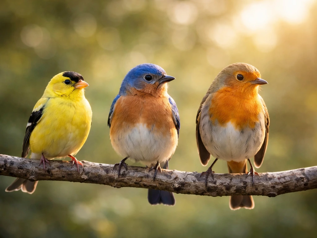 Three birds on a branch in left-to-right order, with the third bird emphasized and in sharp focus.