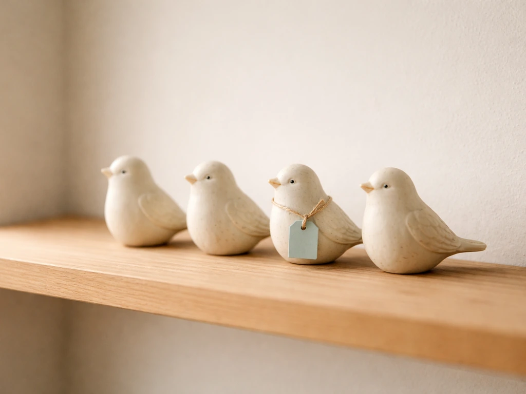Close-up of four small ceramic birds on a shelf with the third highlighted by a small colored tag