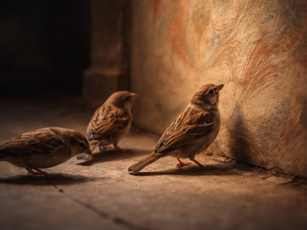 Three small birds in sequence before an ancient painted panel; the third pauses and observes the paint.