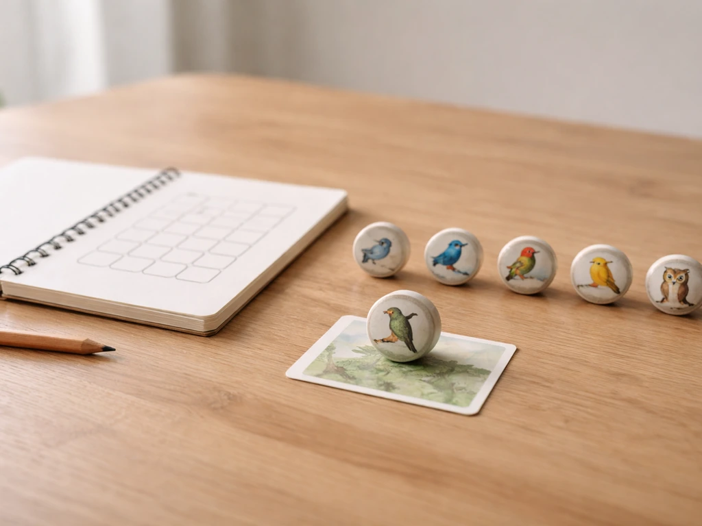 Minimal tabletop puzzle scene with bird collectible pieces; the third bird token is clearly selected.