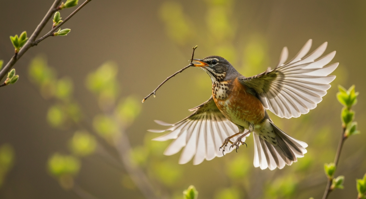 Robin-like bird flying with a twig in its bill toward a nest in soft spring light