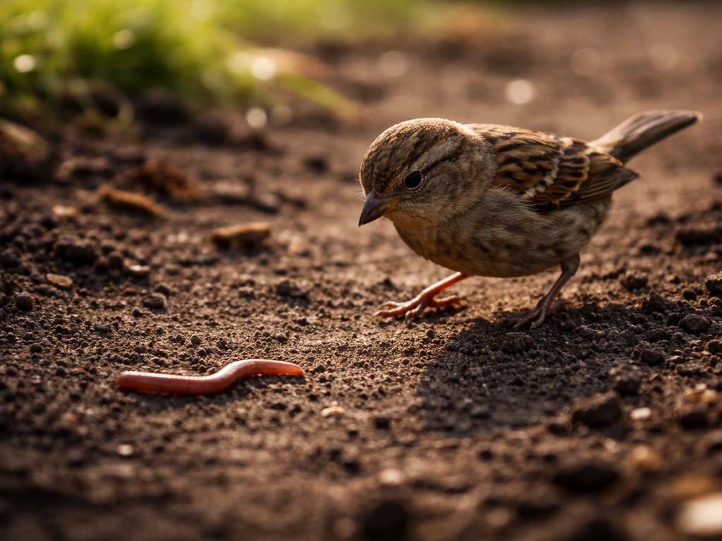 Small bird stepping toward a worm on soil in warm early morning light.