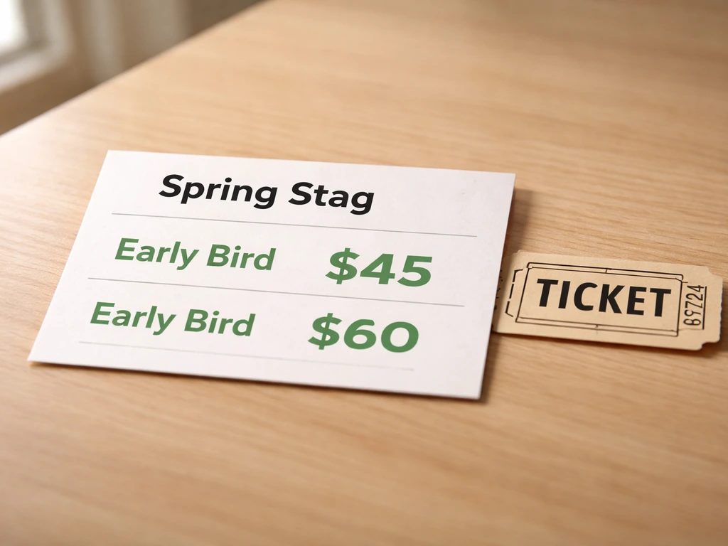 Mock checkout card and ticket showing early-bird pricing tiers beside an event label with stag.