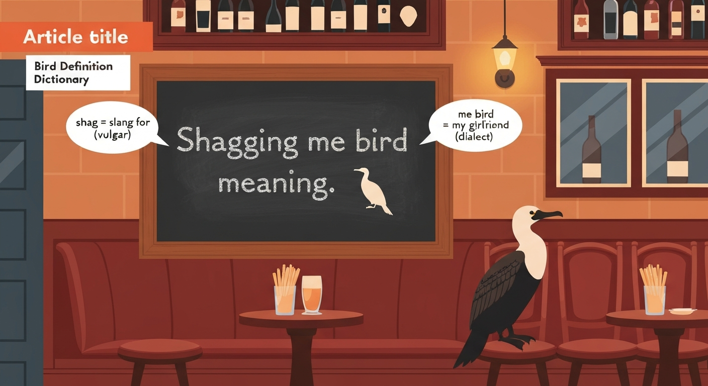 Editorial illustration: a pub chalkboard reading "Shagging me bird" with explanatory speech bubbles and a small seabird silhouette, in a flat editorial style.