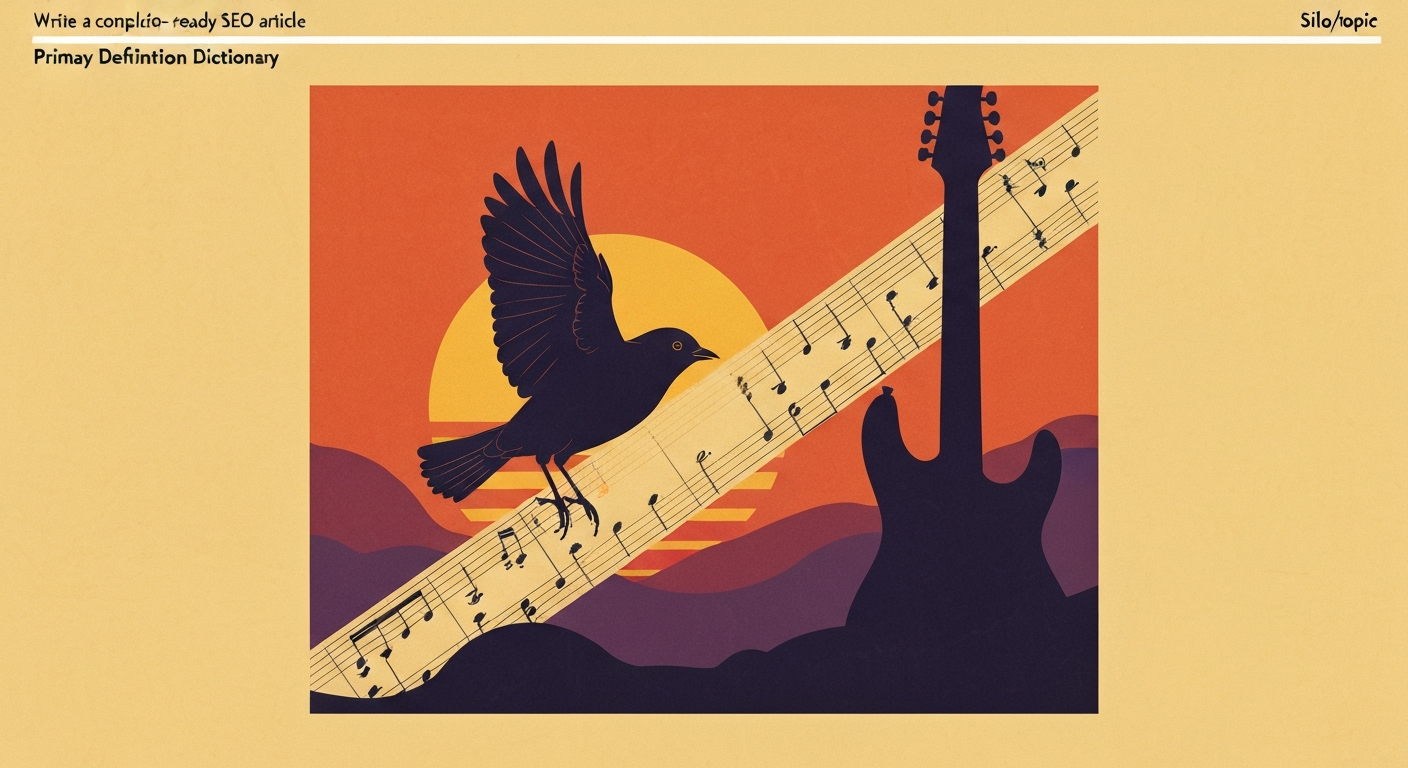 Stylized bird in flight merging with sheet music and a guitar silhouette against a warm sunset, evoking the lyric "And this bird you cannot change."