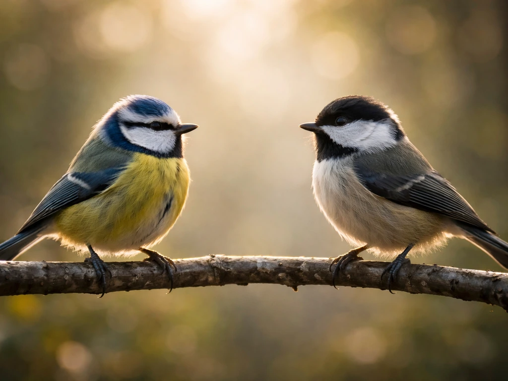 Two birds facing each other in balanced symmetry, symbolizing partnership and duality in a dreamy natural setting.