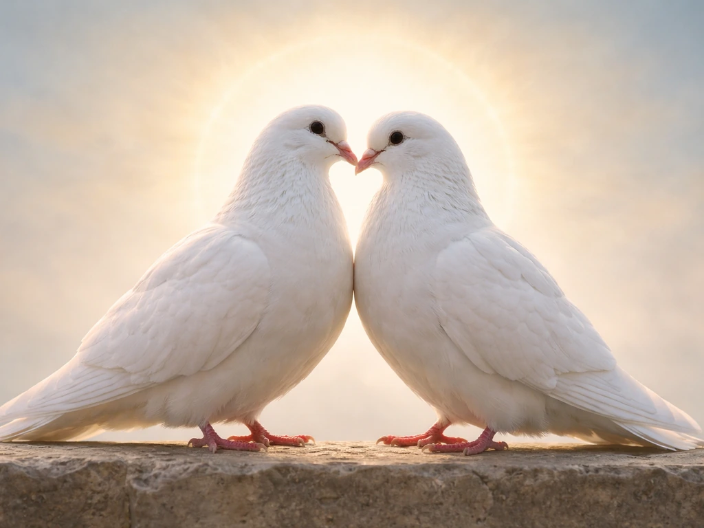 Two white doves perched together with soft golden glow suggesting peace and Holy Spirit symbolism.