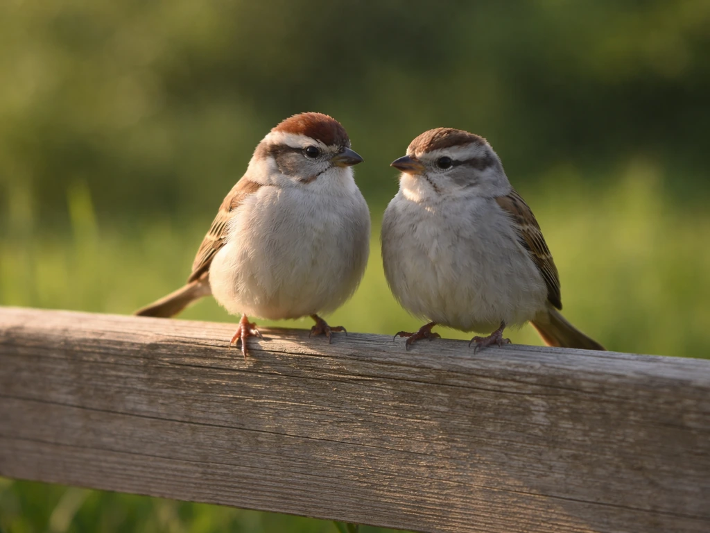 Two small birds perched on a fence rail with a calm, everyday outdoor background.