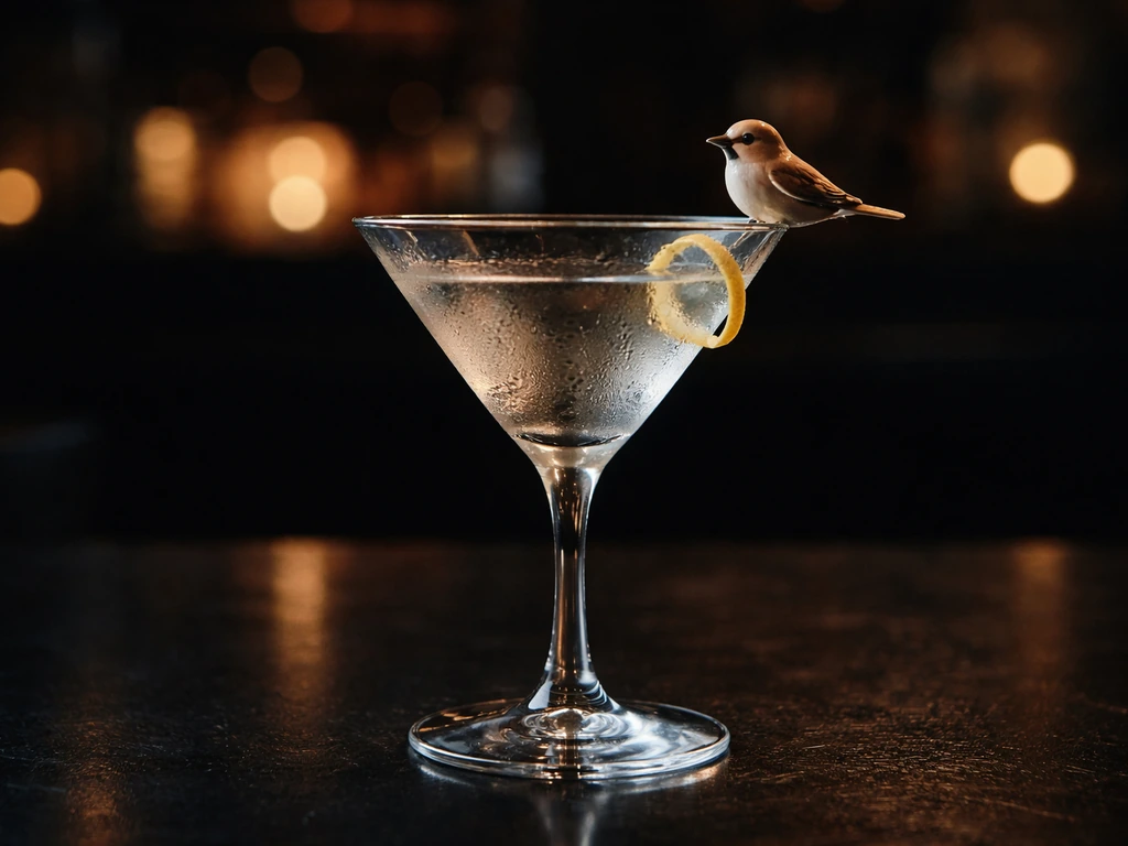 Moody bar scene with a martini glass on a counter, featuring a subtle perched bird figurine at the rim